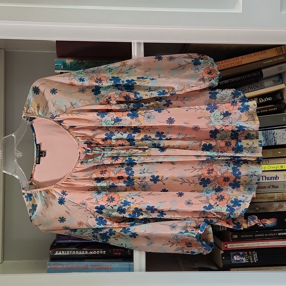 Sara Michelle blouse, pink and blue flowers, 3/4 length sleeves, small